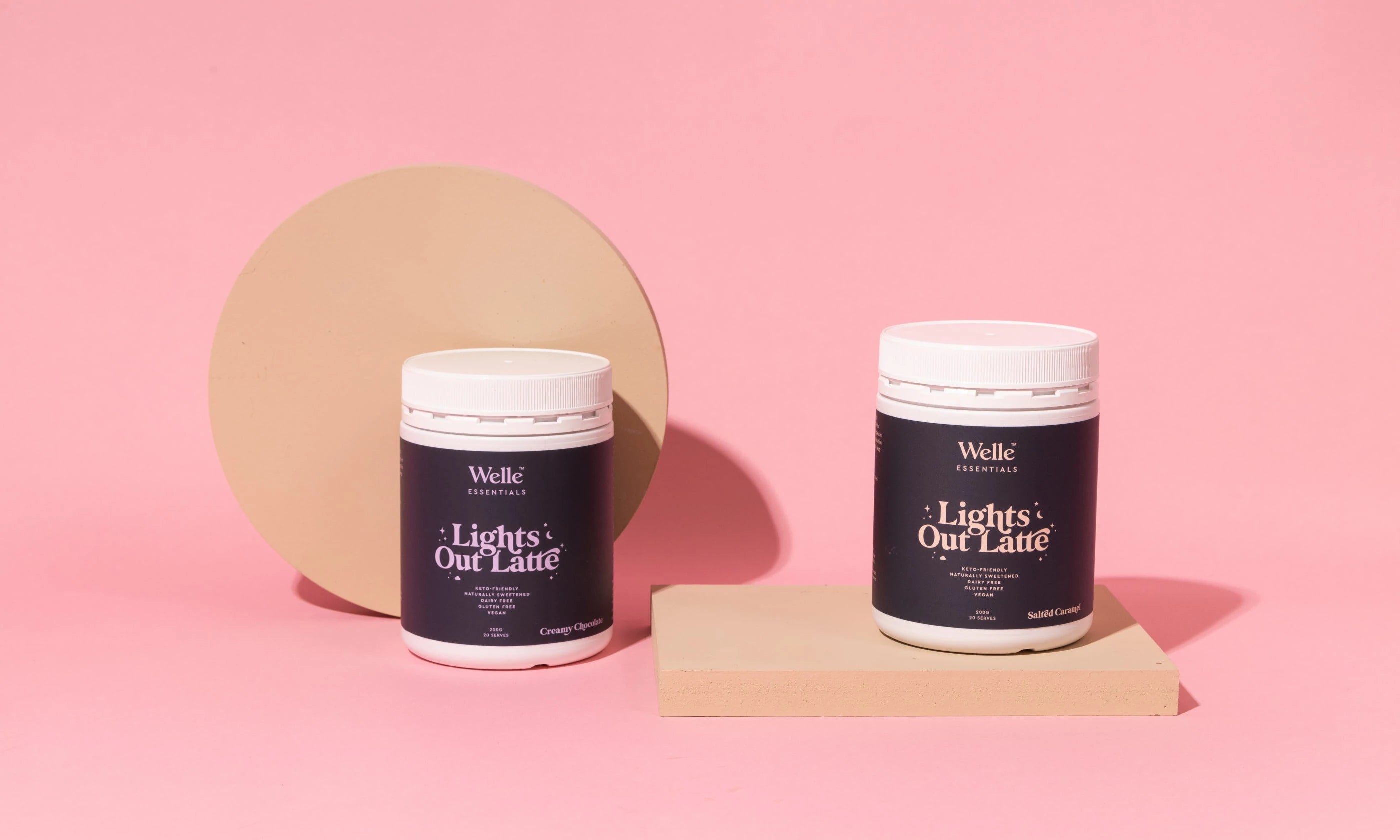 Lights Out Latte product range on pink background